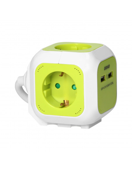 Przedłużacz Kostka 4-krotny(Schuko) z ładowarką 2xUSB 1,4m limonkowy