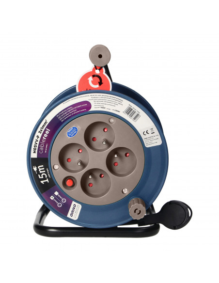 Przedłużacz bębnowy MINI, 4 gniazda 2P+Z, metalowy stojak, polwinit H05VV-F 3x1mm² , długość 15m, szary