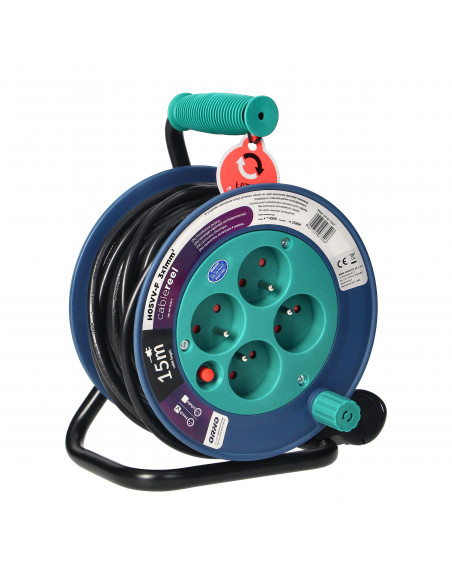 Przedłużacz bębnowy MINI, 4 gniazda 2P+Z, metalowy stojak, polwinit H05VV-F 3x1mm² , długość 15m, turkusowy