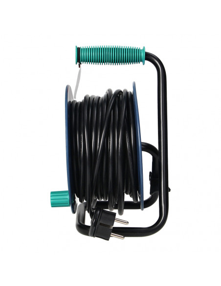 Przedłużacz bębnowy MINI, 4 gniazda 2P+Z, metalowy stojak, polwinit H05VV-F 3x1mm² , długość 15m, turkusowy