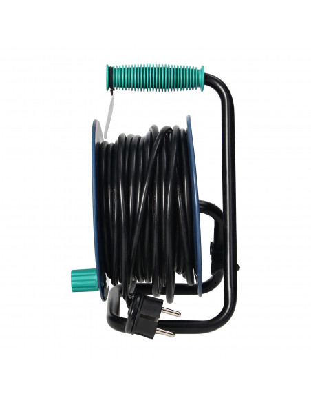 Przedłużacz bębnowy MINI, 4 gniazda 2P+Z, metalowy stojak, polwinit H05VV-F 3x1mm² , długość 15m, turkusowy