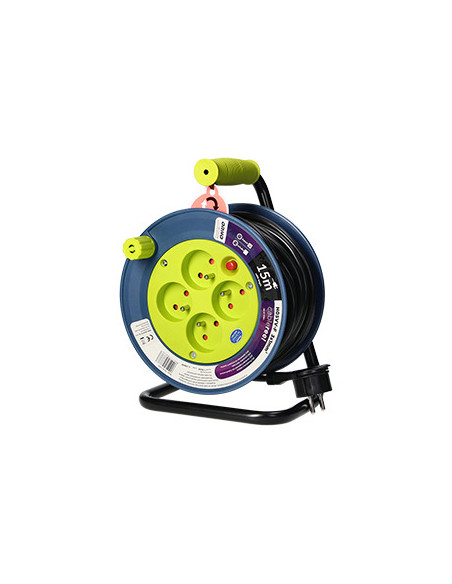 Przedłużacz bębnowy MINI, 4 gniazda 2P+Z, metalowy stojak, polwinit H05VV-F 3x1mm² , długość 15m, limonkowy