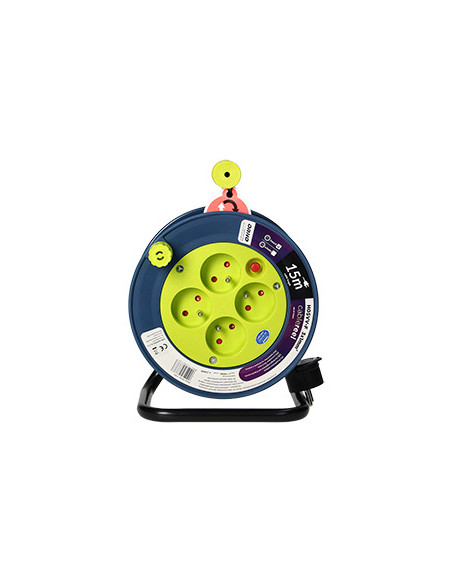 Przedłużacz bębnowy MINI, 4 gniazda 2P+Z, metalowy stojak, polwinit H05VV-F 3x1mm² , długość 15m, limonkowy