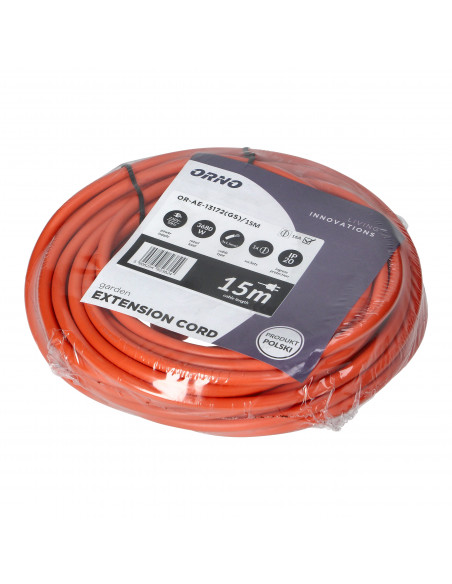 Przedłużacz ogrodowy pomarańczowy zalewany, 1x2P+Z (Schuko) 15m, H05VV-F 3x1,5mm2, 230VAC/16A , PRODUKT POLSKI