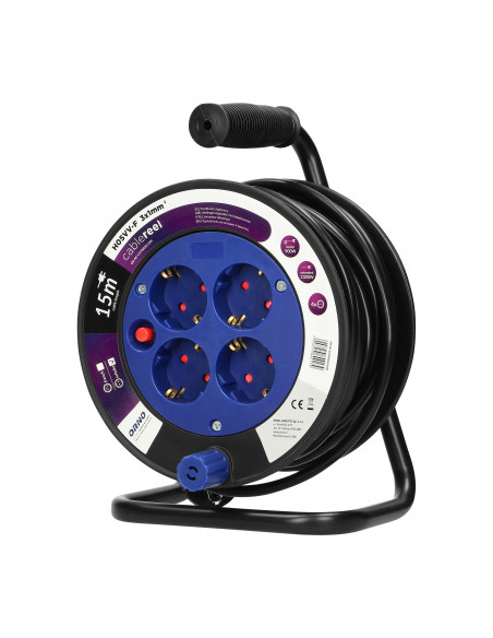 Przedłużacz bębnowy MINI, 4 gniazda 2P+Z (schuko), metalowy stojak, polwinit H05VV-F 3x1mm² - 15m