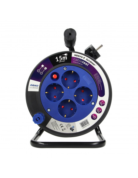 Przedłużacz bębnowy MINI, 4 gniazda 2P+Z (schuko), metalowy stojak, polwinit H05VV-F 3x1.5mm² - 15m