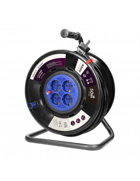  Przedłużacz bębnowy, 4 gniazda 2P+Z (schuko), kabel PVC H05VV-F 3x1,5mm², długość - 50m, STAŁE GNIAZDA, termik,...