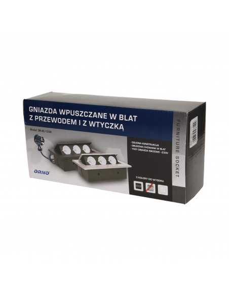 Gniazdo meblowe wpuszczane w blat z grubym rantem 3x2P+Z, przewód 1,5m 3x1,5mm², srebrne