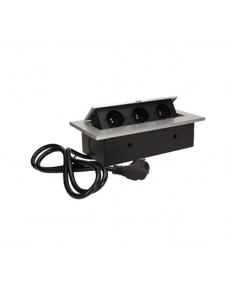 Gniazdo meblowe wpuszczane w blat z grubym rantem 3x2P+Z, przewód 1,5m 3x1,5mm², srebrne