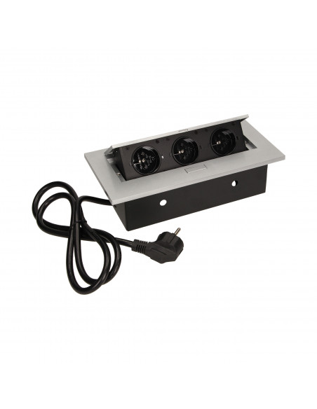 Gniazdo meblowe wpuszczane w blat z grubym rantem 3x2P+Z, przewód 1,5m 3x1,5mm², srebrne