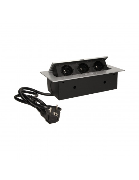 Gniazdo meblowe wpuszczane w blat z płaskim rantem 3x2P+Z, przewód 1,5m 3x1,5mm², srebrne