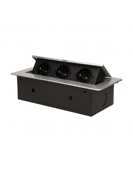 Gniazdo meblowe wpuszczane w blat z płaskim frezowanym rantem,  3x2P+Z, srebrne