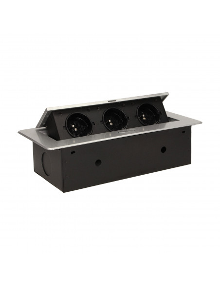 Gniazdo meblowe wpuszczane w blat z płaskim frezowanym rantem,  3x2P+Z, srebrne