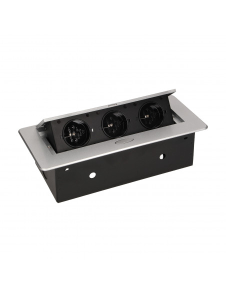 Gniazdo meblowe wpuszczane w blat z płaskim frezowanym rantem,  3x2P+Z, srebrne