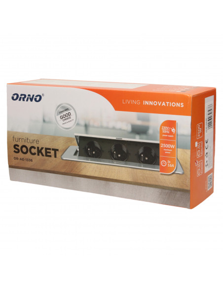 Gniazdo meblowe wpuszczane w blat z płaskim, frezowanym rantem, 3x2P+Z, mosiądz