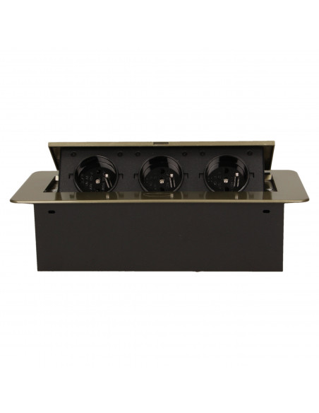 Gniazdo meblowe wpuszczane w blat z płaskim, frezowanym rantem, 3x2P+Z, mosiądz