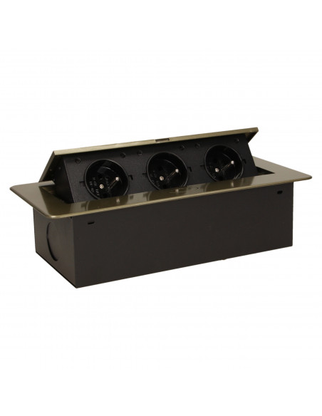 Gniazdo meblowe wpuszczane w blat z płaskim, frezowanym rantem, 3x2P+Z, mosiądz