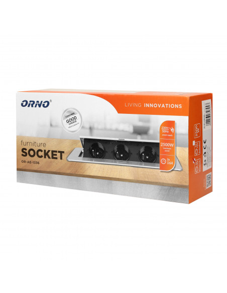 Gniazdo meblowe wpuszczane w blat z płaskim, frezowanym rantem, 3x2P+Z, grafit