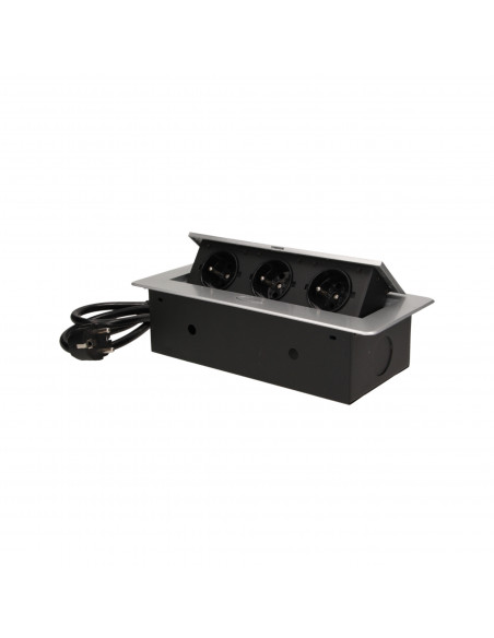 Gniazdo meblowe wpuszczane w blat z płaskim frezowanym rantem i przewodem 1,5m,  3x2P+Z, srebrne