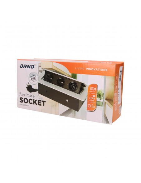 Gniazdo meblowe wpuszczane w blat z płaskim frezowanym rantem i przewodem 1,5m,  3x2P+Z, srebrne