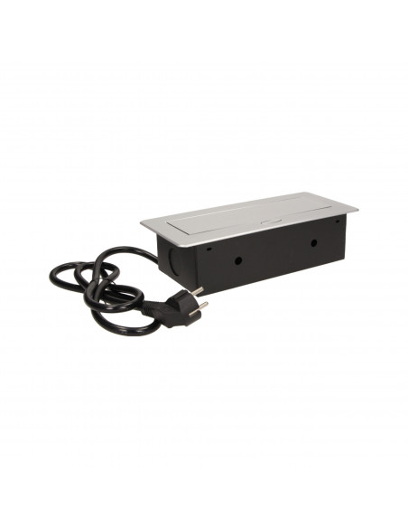 Gniazdo meblowe wpuszczane w blat z płaskim frezowanym rantem i przewodem 1,5m,  3x2P+Z, srebrne