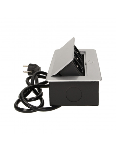 Gniazdo meblowe wpuszczane w blat z płaskim frezowanym rantem i przewodem 1,5m,  3x2P+Z, srebrne