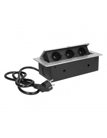 Gniazdo meblowe wpuszczane w blat z płaskim frezowanym rantem i przewodem 3m,  3x2P+Z, srebrne