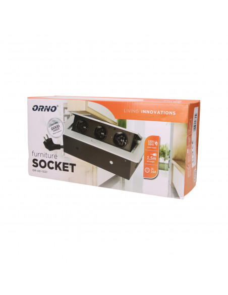 Gniazdo meblowe wpuszczane w blat z płaskim frezowanym rantem i przewodem 1,5m,  3x2P+Z, czarne