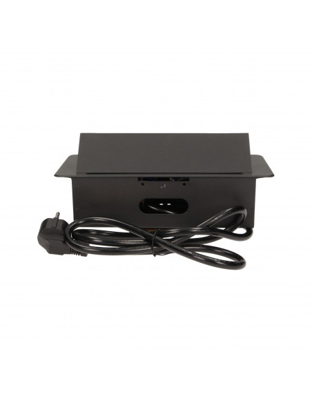 Gniazdo meblowe wpuszczane w blat z płaskim frezowanym rantem i przewodem 1,5m,  3x2P+Z, czarne