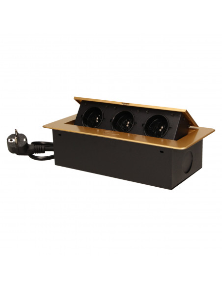 Gniazdo meblowe wpuszczane w blat z płaskim frezowanym rantem i przewodem 1,5m,  3x2P+Z, złote