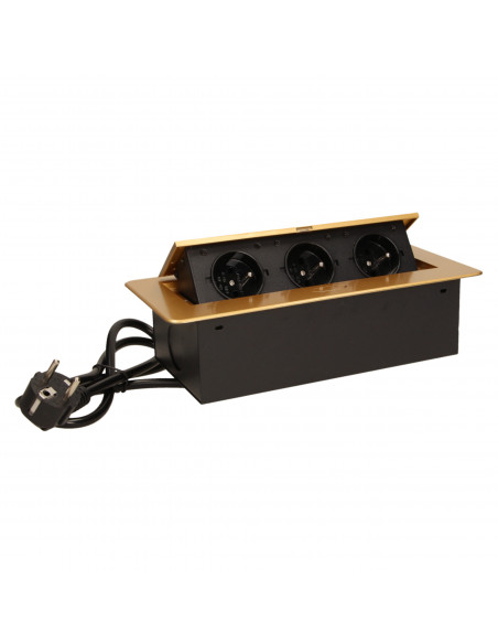 Gniazdo meblowe wpuszczane w blat z płaskim frezowanym rantem i przewodem 1,5m,  3x2P+Z, złote