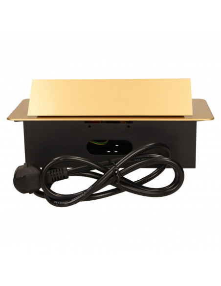 Gniazdo meblowe wpuszczane w blat z płaskim frezowanym rantem i przewodem 1,5m,  3x2P+Z, złote