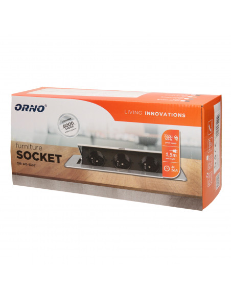 Gniazdo meblowe wpuszczane w blat z płaskim frezowanym rantem i przewodem 1,5m,  3x2P+Z, grafit