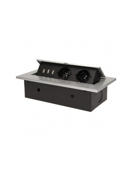 Gniazdo meblowe wpuszczane w blat z grubym rantem, 2x2P+Z, 3 porty USB, srebrne