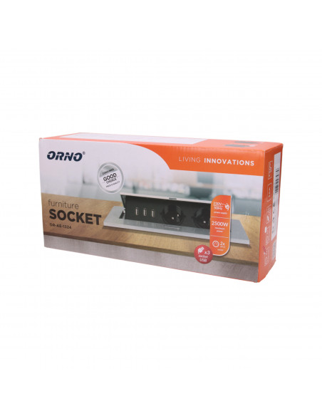 Gniazdo meblowe wpuszczane w blat z grubym rantem, 2x2P+Z, 3 porty USB, srebrne