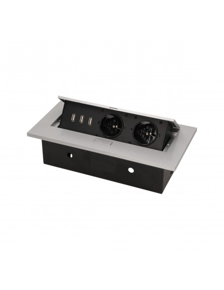 Gniazdo meblowe wpuszczane w blat z grubym rantem, 2x2P+Z, 3 porty USB, srebrne