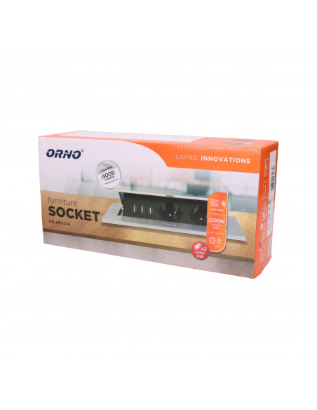 Gniazdo meblowe wpuszczane w blat z grubym rantem, 2x2P+Z, 3 porty USB, czarne