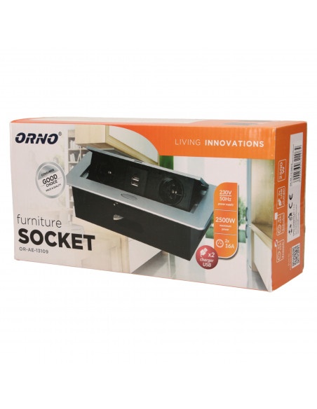 Gniazdo meblowe wpuszczane w blat z płaskim frezowanym rantem i ładowarką USB, 2x2P+Z, 2xUSB, srebrny