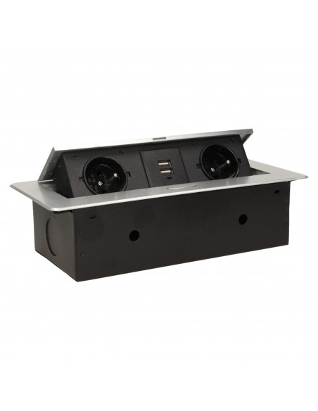 Gniazdo meblowe wpuszczane w blat z płaskim frezowanym rantem i ładowarką USB, 2x2P+Z, 2xUSB, srebrny