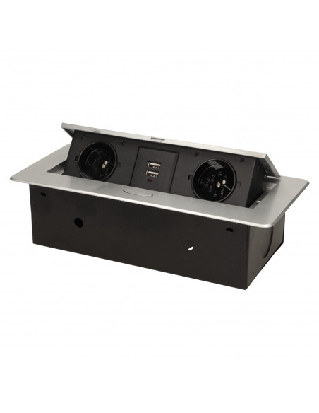 Gniazdo meblowe wpuszczane w blat z płaskim frezowanym rantem i ładowarką USB, 2x2P+Z, 2xUSB, srebrny