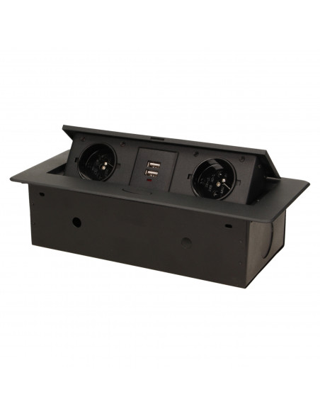 Gniazdo meblowe wpuszczane w blat z płaskim frezowanym rantem i ładowarką USB, 2x2P+Z, 2xUSB, czarny
