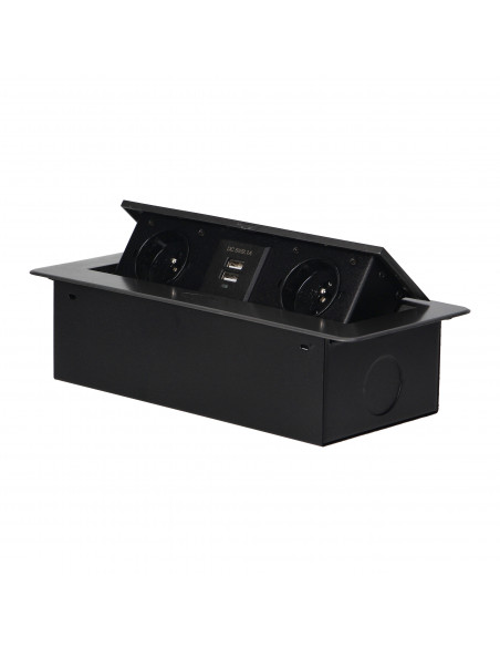 Gniazda meblowe wpuszczane w blat z płaskim frezowanym rantem i ładowarką USB, 2x2P+Z, 2xUSB, grafit