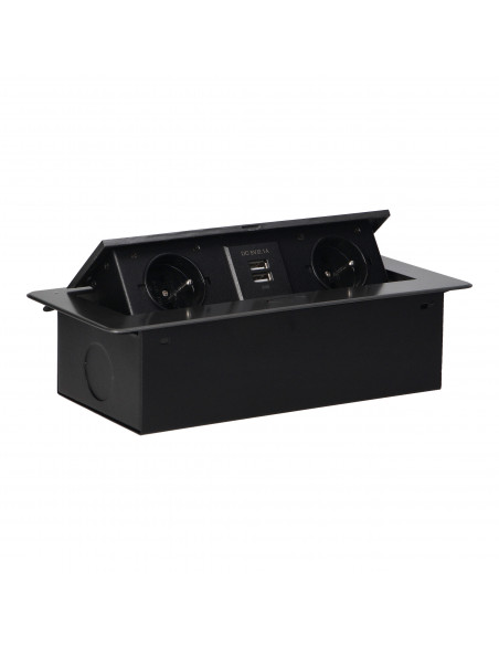 Gniazda meblowe wpuszczane w blat z płaskim frezowanym rantem i ładowarką USB, 2x2P+Z, 2xUSB, grafit