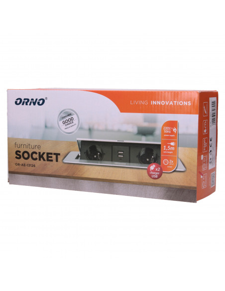 Gniazdo meblowe wpuszczane w blat z płaskim frezowanym rantem, ładowarką USB i przewodem 1,5m, 2x2P+Z, 2xUSB, srebrne