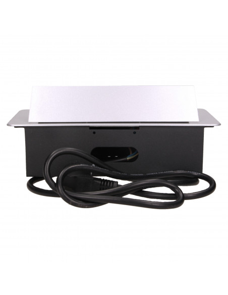 Gniazdo meblowe wpuszczane w blat z płaskim frezowanym rantem, ładowarką USB i przewodem 1,5m, 2x2P+Z, 2xUSB, srebrne