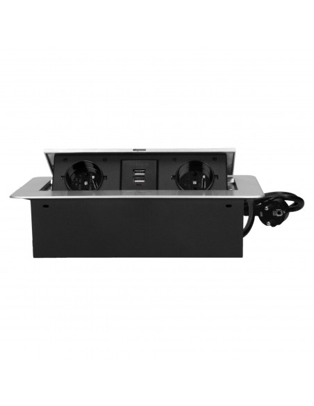 Gniazdo meblowe wpuszczane w blat z płaskim frezowanym rantem, ładowarką USB i przewodem 3m, 2x2P+Z, 2xUSB, srebrne