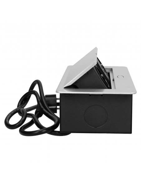 Gniazdo meblowe wpuszczane w blat z płaskim frezowanym rantem, ładowarką USB i przewodem 3m, 2x2P+Z, 2xUSB, srebrne