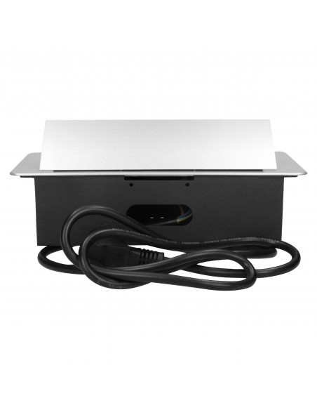 Gniazdo meblowe wpuszczane w blat z płaskim frezowanym rantem, ładowarką USB i przewodem 3m, 2x2P+Z, 2xUSB, srebrne