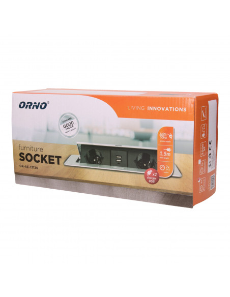 Gniazdo meblowe wpuszczane w blat z płaskim frezowanym rantem, ładowarką USB i przewodem 1,5m, 2x2P+Z, 2xUSB, czarne