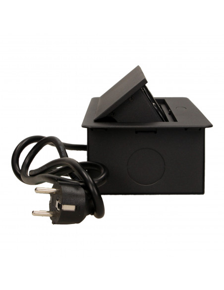 Gniazdo meblowe wpuszczane w blat z płaskim frezowanym rantem, ładowarką USB i przewodem 1,5m, 2x2P+Z, 2xUSB, czarne
